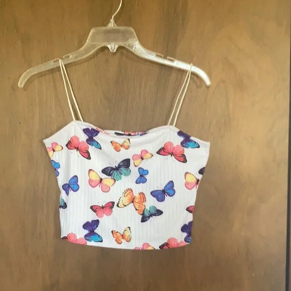 3/$12 Rue21 top ribbed butterfly print crop top cropped spaghetti straps L jrs - Picture 10 of 15